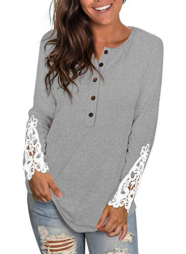 XLXZHYF Womens Casual Long Sleeve Shirt Round Neck Solid Lace Buttons Henley Shirts Tunic Tops,Gray,L