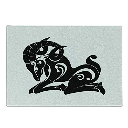 Ambesonne Zodiac Aries Cutting Board, Abstract Monochrome Goat Swirled Horns and Floral Curly Details, Decorative Tempered Glass Cutting and Serving Board, Large Size, White Black