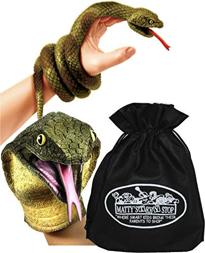 Schylling Stretchy Snakes Stretchy Cobra Hand Puppet  and  Wrist Rattlers Gift Set Bundle with Matty's Toy Stop Storage Bag - 2 Pack