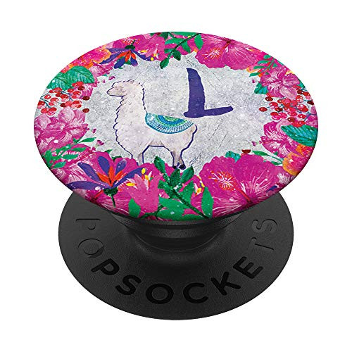 Pink Flowers White Llama Blue Monogram Initial Letter L PopSockets Grip and Stand for Phones and Tablets