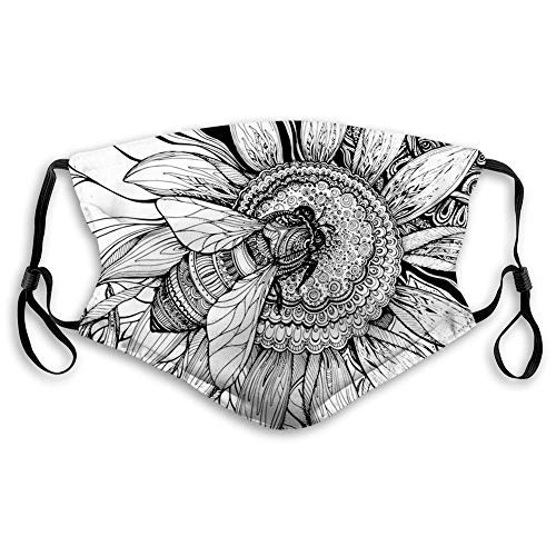 Comfortable Printed mask,Nature, Bee on a Flower Honey Pollen Floral Mother Earth Phase Wildlife Digital Print,Black and White,Windproof Facial decorations for Adults Size?M Comfortable Printed mask,Nature, Bee on a Flower Honey Pollen Floral Mother Earth Phase Wildlife Digital Print,Black and White,Windproof Facial decorations for Adults Size?M