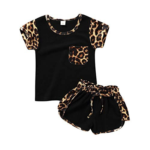 Toddler Infant Baby Girls Summer Outfits Leopard Short Sleeve Pocket T-Shirt Tops Shorts Clothes Sets (Black, 12-18 Months)