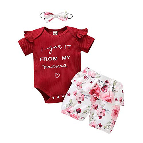 Newborn Baby Girl Clothes Ruffle Sleeve Ribbed RomperPlusFloral Short PantsPlusHeadband 3Pcs Summer Winter Jumpsuit Outfit Set (01-Red,3-6 Months)