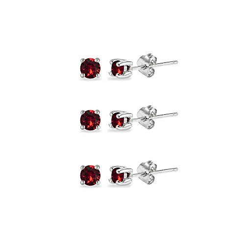 3-Pair Set Sterling Silver Red 4mm Round Stud Earrings Made with Swarovski Crystals