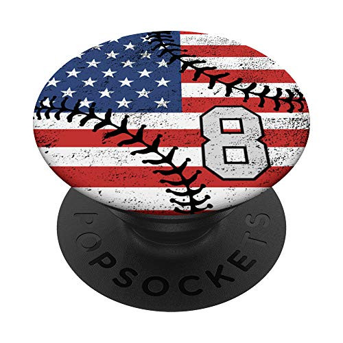 Baseball American USA Flag number 8 in gray and black PopSockets PopGrip: Swappable Grip for Phones  and  Tablets