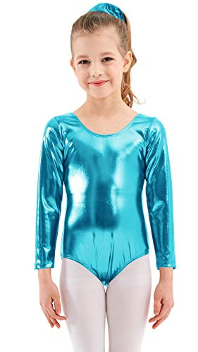 Mvefward Girls Long Sleeve Shiny Metallic Spandex Gymnastics Leotard Dancewear Bodysuit for Kids Turquoise L