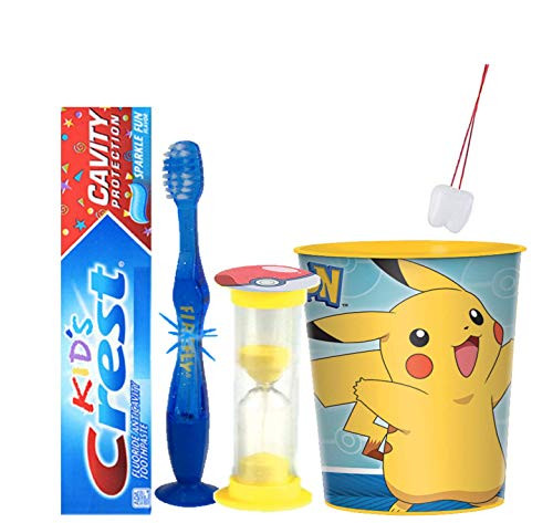 Pokemon Inspired 4pcs Bright Smile Oral Care Bundle Toothpaste, Flashing Light Toothbrush, Brushing Timer  and  Mouthwash Rinse Cup Plus Bonus Stickers  and  Tooth Necklace as Visual Aid Reminder