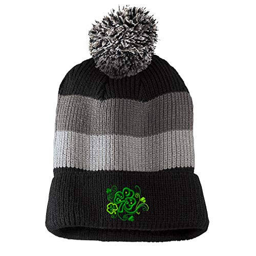 Custom Vintage Pom Pom Beanie Celtic Shamrocks Symbol Embroidery Acrylic Skull Cap Hat for Men  and  Women Black Stripes Design Only