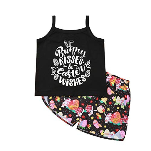 Toddler Girl Easter Outfit Bunny Kisses Easter Wishes Camisole Top Rabbit Easter Eggs Floral Shorts Set Summer Clothes (Black Bunny, 2-3T)