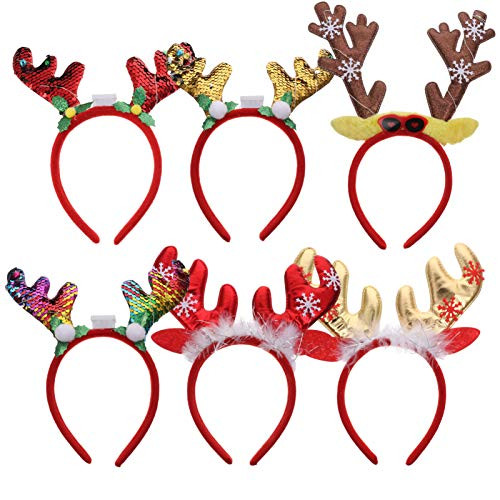 Lurrose LED Christmas Headband Antler Headbands, 6PCS LED Glow Antler Hair Hoops Xmas Elk Hairbands with Snowflake Party Headpiece for Kids Adults
