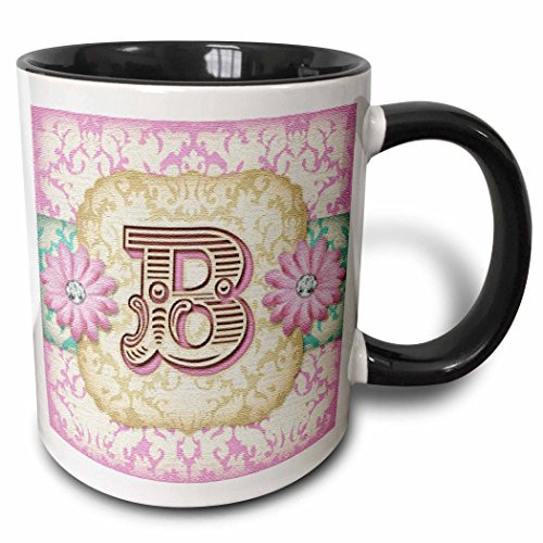 3dRose Regal Pastel Mod Damask Monogram Initial B Two Tone Mug, 11 oz, Black/White
