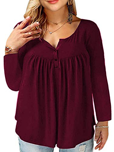 Womens Plus Size Tops,Womens Plus Size Tunic Tops Loose Fitting V Neck Long Sleeve Shirt Casual Blouse Wine Red,XL