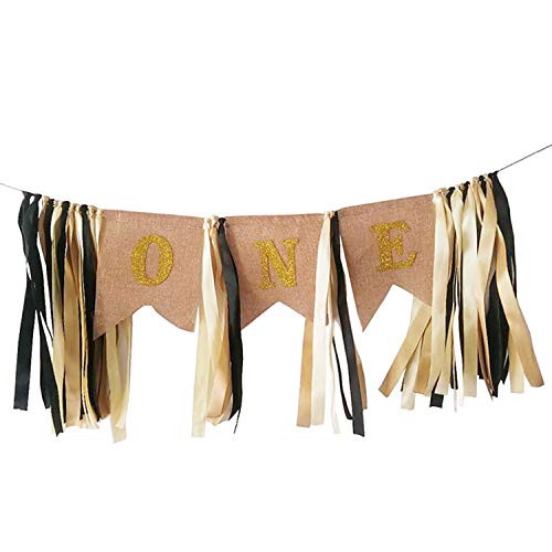 1st Birthday Decorations,Baby Boy's First Birthday Banner,Burlap Highchair Banner for 1st Birthday boy Decorations,Gold Black