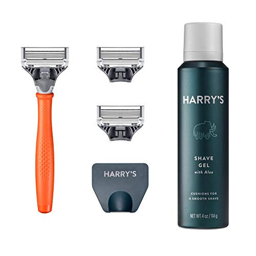 Harry's Razors for Men - Razor Set with 3 Razor Blade Refills, Travel Blade Cover, 4 Oz Shave Gel (Bright Orange)