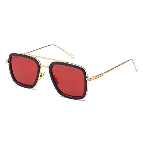 Classic Aviator Sunglasses for Men Women Square Vintage Metal Frame Gradient Flat Lens Sun Glass Classic Large Tony Stark Shades UV400 Protection(Red Lens/Gold Black Frame)