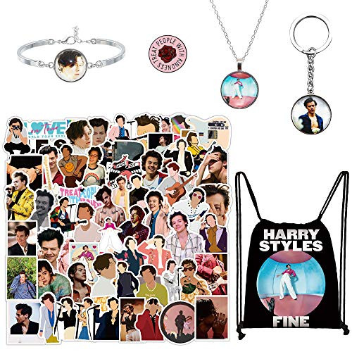 Harry Styles Merch, Harry Edward Stickers, with 100 Pcs Harry Styles Stickers, Harry Styles Button Pin, Keychain, Necklace and Drawstring Bag for Harry Fans