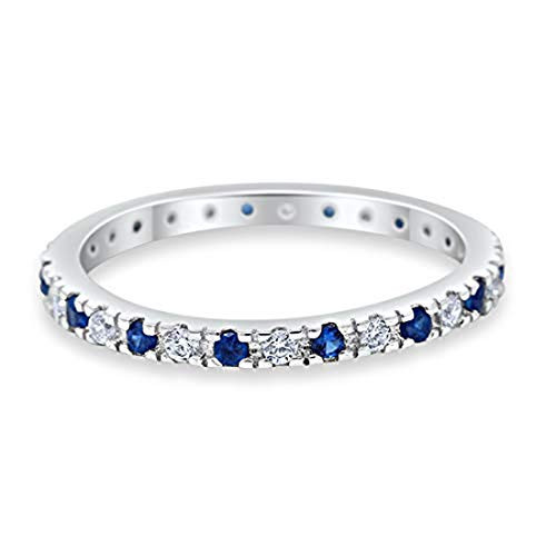 2mm Stackable Full Eternity Wedding Band Ring Round Alternating Simulated Blue Sapphire  and  Cubic Zirconia 925 Sterling Silver, Size - 9