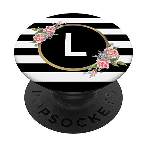 Floral Letter L Monogram - Black and White Stripes  and  Flowers PopSockets PopGrip: Swappable Grip for Phones  and  Tablets
