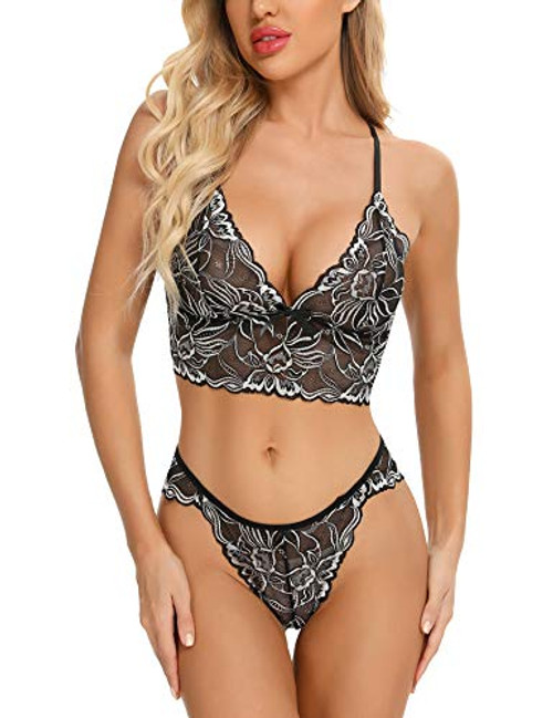 Womens Lace Lingerie 2 Piece Sexy Bra and Panty Sets Strappy Babydoll Bodysuit Black Womens Lace Lingerie 2 Piece Sexy Bra and Panty Sets Strappy Babydoll Bodysuit Black