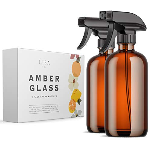 LiBa Amber Glass Spray Bottles 2 Pack, Refillable Empty Spray Bottle for Cleaning, Essential Oils, Hair, Plants, Adjustable Nozzle for Squirt and Mist, Bleach/Vinegar/Rubbing Alcohol Safe
