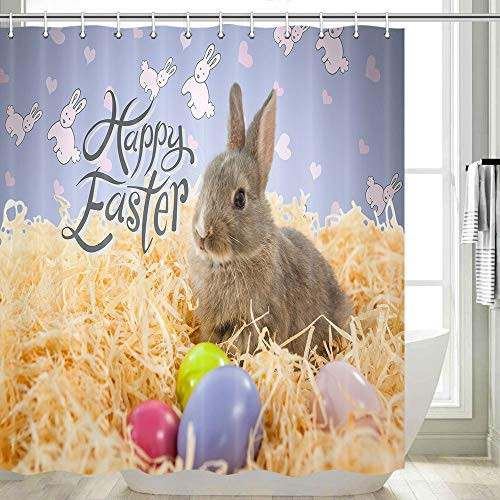 Easter Shower Curtain, Happy Easter Bunny Spring Floral Flowers Holiday Shower Curtain for Bathroom, Cute Easter Rabbit Shower Curtain Set with Hooks (69" W by 70" L)