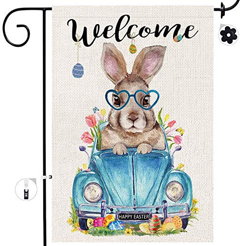 Bonsai Tree Easter Garden Flag, Easter Bunny Welcome Spring Yard Flags 12 x 18 Double Sided, Burlap Farm Blue Pickup Truck Eggs Tulips Signs Banners Gifts Outdoor Decorations