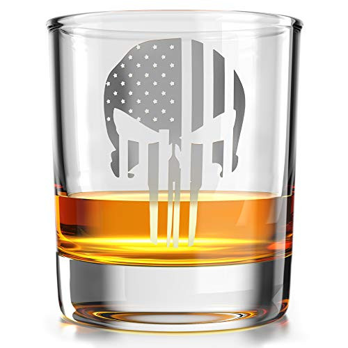 Punisher American Flag - Old Fashioned Whiskey Rocks Bourbon Glass - 10 oz capacity - Made in the USA