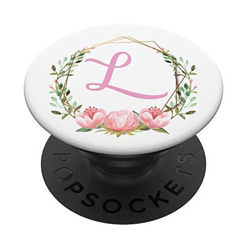 Pink Floral Wreath Monogram Initial Letter L Phone Grip PopSockets Grip and Stand for Phones and Tablets