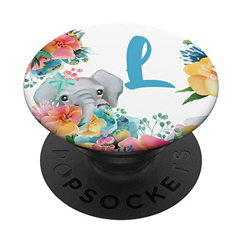 Pretty Elephant Baby With Flowers Monogram Initial Letter L PopSockets Grip and Stand for Phones and Tablets