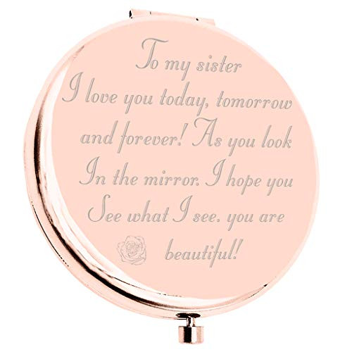 NKIPORU Sister Gifts from Sister I Love You, Today Tomorrow and Forever Personalized Pink Compact Makeup Mirror for Sister Graduation Present for Her, Sisters Birthday Gift Ideas