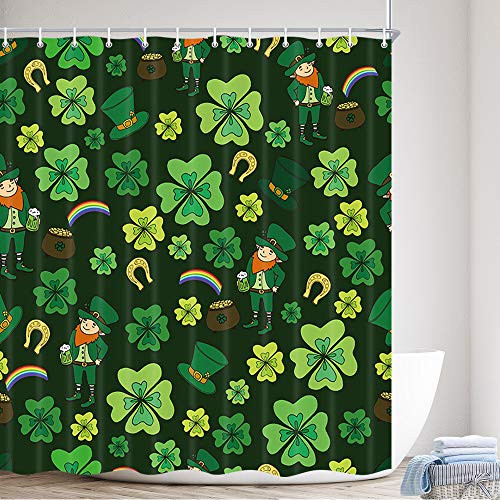 St. Patrick's Day Fabric Shower Curtain, Irish Green Shamrock Leaves Rainbow Horseshoe Gold Pattern Polyester Fabric Waterproof Bath Curtain, Bathroom Shower Curtains with Hooks, 69X70in