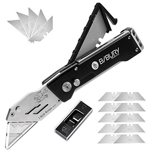 Utility Knife, BIBURY Upgraded Version Heavy Duty Box Cutter Pocket Carpet Knife, Blade Storage in Handle and 15 Extra SK5 Blades, Belt Clip and Safe-Locking Design