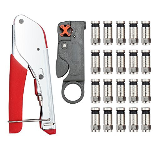 Coax Cable Crimper Coaxial Cable Compression Tool Kit with Compression Crimping Tool, Double Blade Rotary Cable Stripper and 20 F Type Connector for Coaxial Cable RG58 RG59 RG6 RG-62