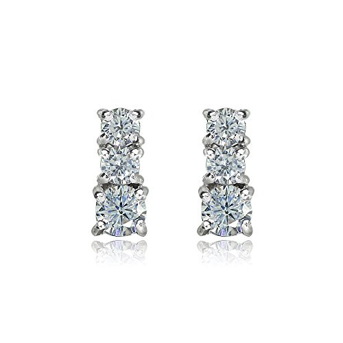Sterling Silver Cubic Zirconia Round Graduating Three Stone Stud Earrings