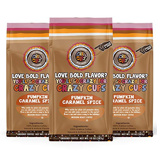 Crazy Cups Flavored Ground Coffee, Pumpkin Caramel Spice Coffee, in 10 oz Bags, For Brewing Flavored Hot or Iced Pumpkin Spice Coffee, 3 Pack