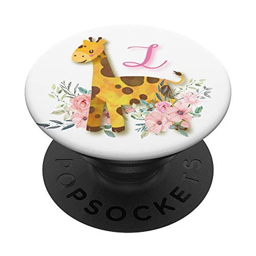 Cute Giraffe Pink Flowers Monogram Name Initial Letter L PopSockets Grip and Stand for Phones and Tablets