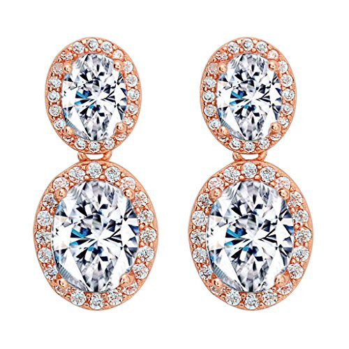 EleQueen 925 Sterling Silver Rose Gold Tone Cubic Zirconia 2 Oval Round Bridal Dangle Earrings EleQueen 925 Sterling Silver Rose Gold Tone Cubic Zirconia 2 Oval Round Bridal Dangle Earrings