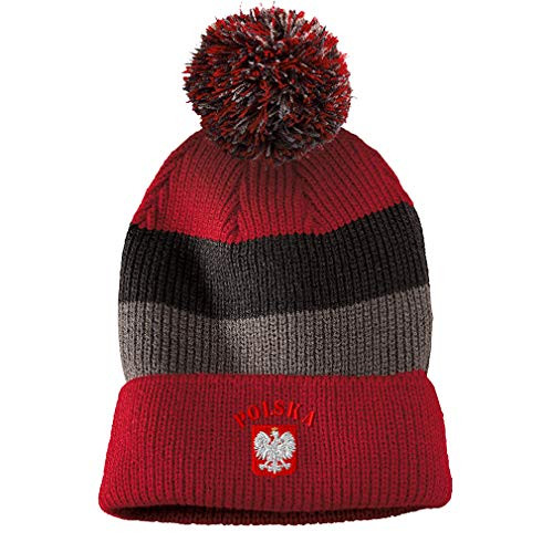 Vintage Pom Pom Beanie Poland Polska Seal Flag Embroidery Acrylic Skull Cap Hat for Men  and  Women Red Stripes