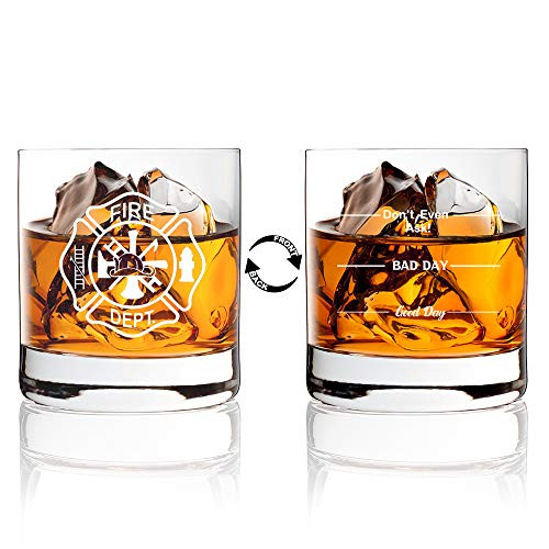 AGMdesign, Double sided"Good Day Bad Day Don't Even Ask" Fire Department Firefighter Whiskey Glasses, Whiskey Lovers Gifts for Him, Fire Department, Firefighters