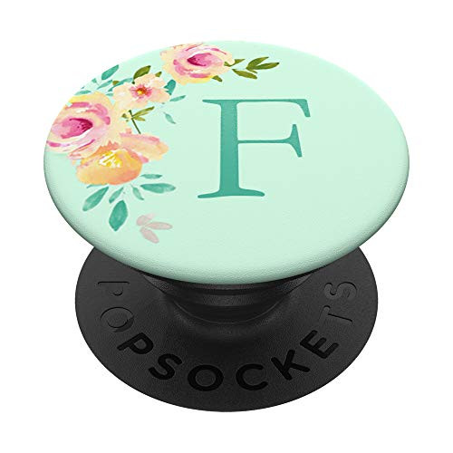 F Initial Monogram Letter Mint Green and Peach Rose PopSockets PopGrip: Swappable Grip for Phones  and  Tablets
