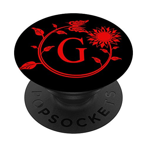 Monogram Cute Red Butterfly Letter G Initial Sunflower Black PopSockets PopGrip: Swappable Grip for Phones  and  Tablets