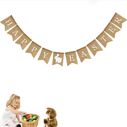 Burlap Happy Easter Banner Flags, Happy Easter Bunting Garland with Rabbit Bunny Sign for Easter Party Decor Photo Props
