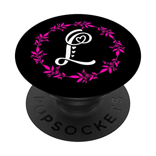 L Initial Floral Pink Black White Monogram Letter PopSockets Grip and Stand for Phones and Tablets