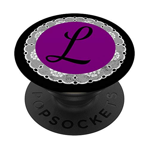Purple Pop Letter Monogram L Phone Stand Black Initial Lace PopSockets Grip and Stand for Phones and Tablets