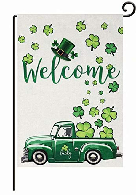 St. Patrick's Day Garden Flag Shamrocks Yard Flag Welcome Green Hat Truck Decorative Flag Double Sided Holiday Garden Flags for St. Patrick's Day Outdoor Decoration, 12 x 18 Inches