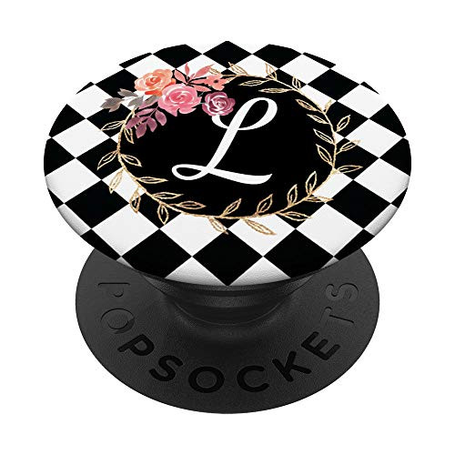 Checkered Floral Monogram Letter L Initial Pink Rose Wreath PopSockets Grip and Stand for Phones and Tablets