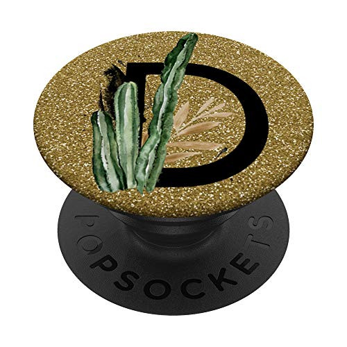 Cactus Monogram Letter D Gold Background Black Initial D PopSockets PopGrip: Swappable Grip for Phones  and  Tablets