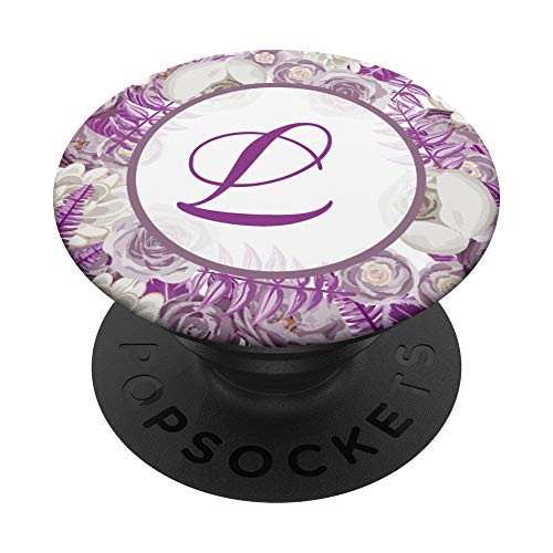 Letter L Initial Monogram Floral Rose Gray Purple Pattern PopSockets Grip and Stand for Phones and Tablets