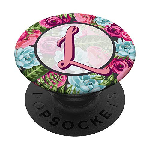 Letter L Initial Monogram Floral Rose Purple Pink Pattern PopSockets Grip and Stand for Phones and Tablets