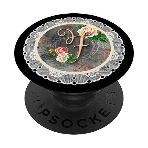 Lace Pop - Pink Rose Letter F Phone Stand Monogram Initial PopSockets Grip and Stand for Phones and Tablets